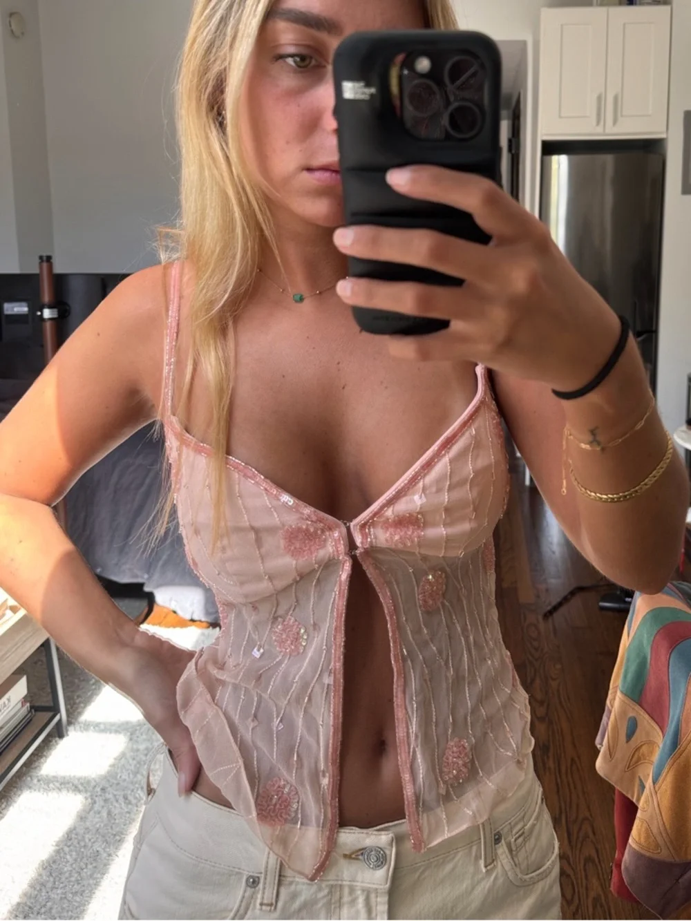 Mirror Palais Beaded Pink Sheer Embroidered Camisole - Picture 5 of 5